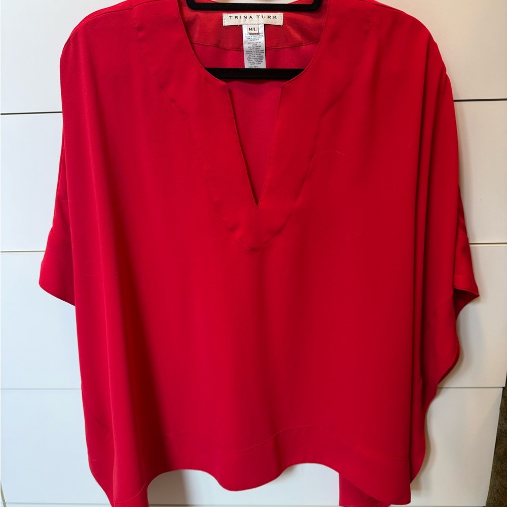 Trina Turk Red Boxy Blouse with Mandarin Collar